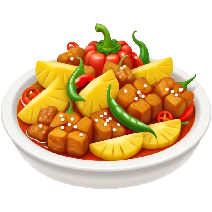 Sweet and Sour Pork with pineapple and bell peppers, simplified emoji style with bold outlines and bright colors, cartoon style Gu Lao Rou popular dish emoji