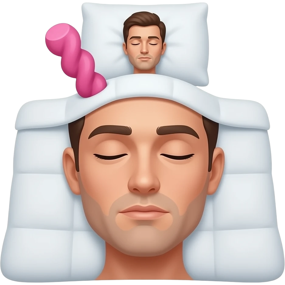 A man sleeping with a pink wrinkled stick coming out his blanket covered with human skin emoji