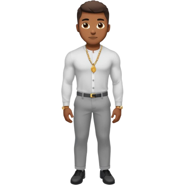 Handsome Black guy with brown skin tone, with lean muscular build, wearing gray slacks, a long sleeved white button up top, black shoes, and a small gold chain emoji