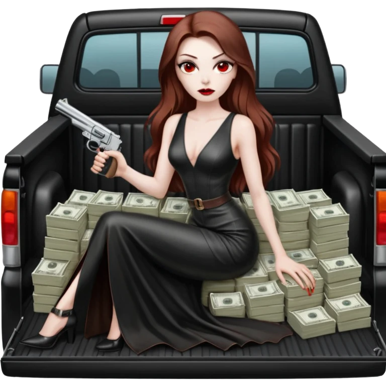 Lilith symbol red eye seductress evil long brown haired sexy succubus woman with leather long dress with slit on, sitting in Big Large F350 pickup truck. Back seat full of stacks of cash, she is  Holding a human skull of her enemies and a gun in other hand emoji
