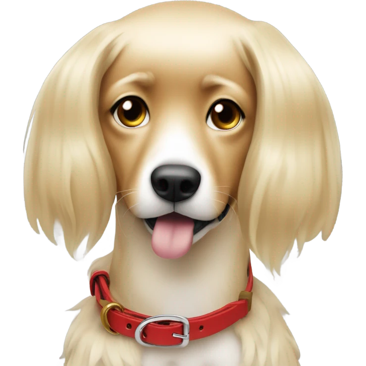 Put a Red leather dog collar on a blond white human female with medium length hair and add a red leash connected to the collar emoji