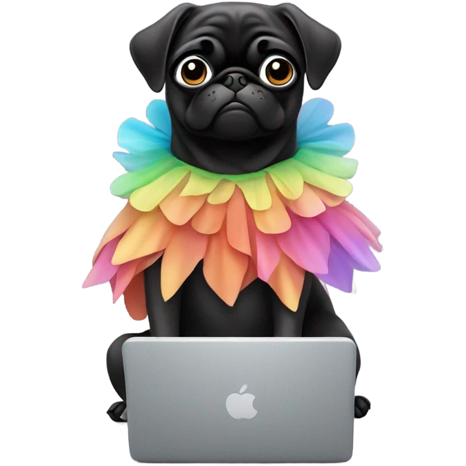 Black pug using a laptop while wearing a tutu emoji