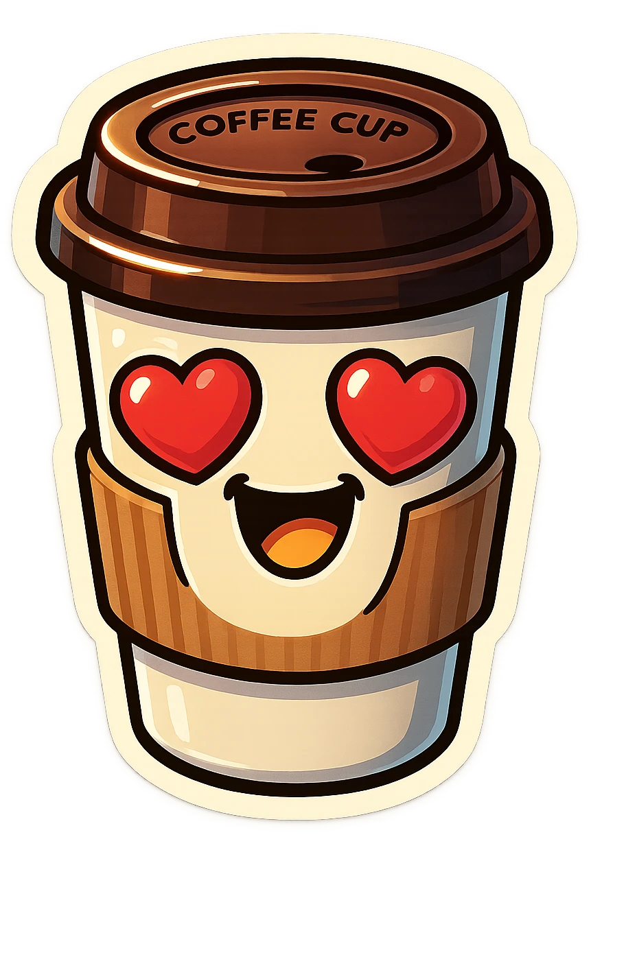 coffee cup creature, big heart eyes, big smile emoji