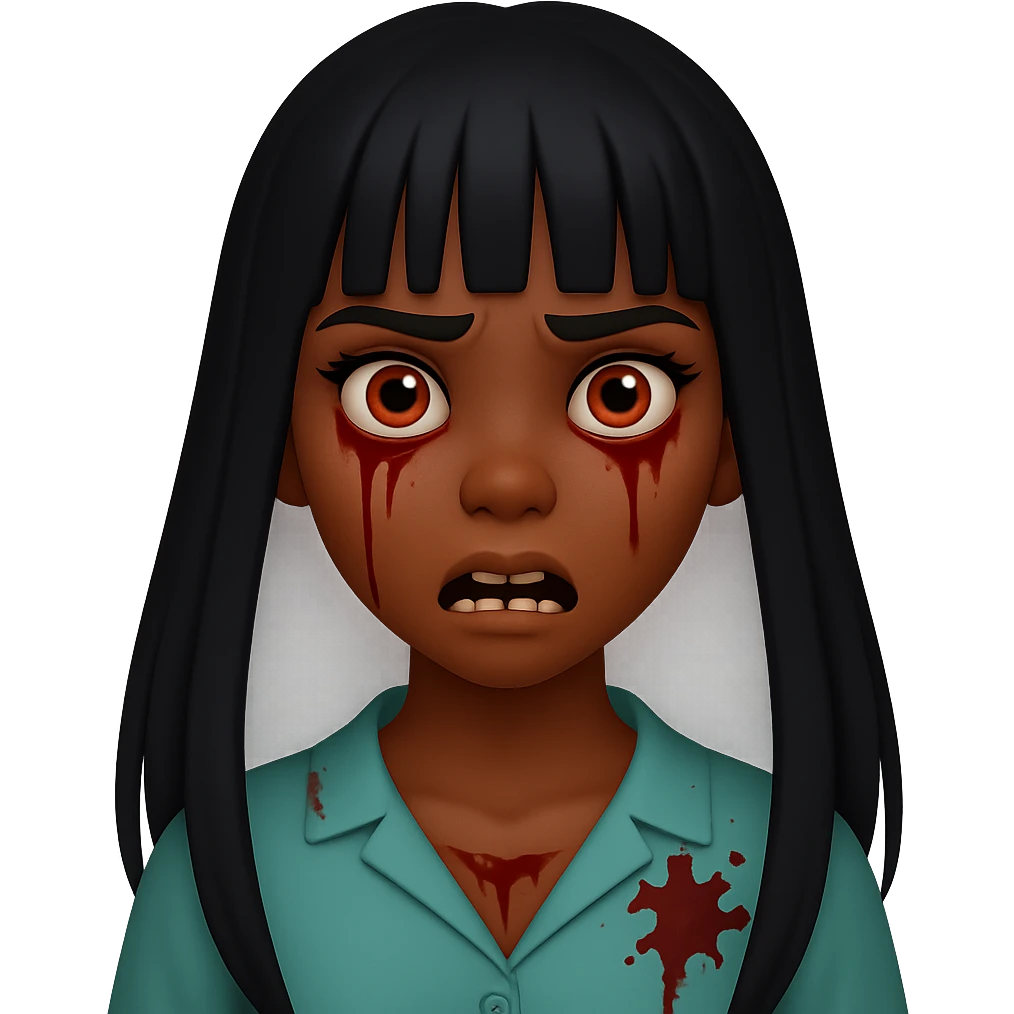 Make the zombie girl have longer hair and brown skin, keep black hair with bangs, scary expression, no background. The style should resemble the original image's look. emoji
