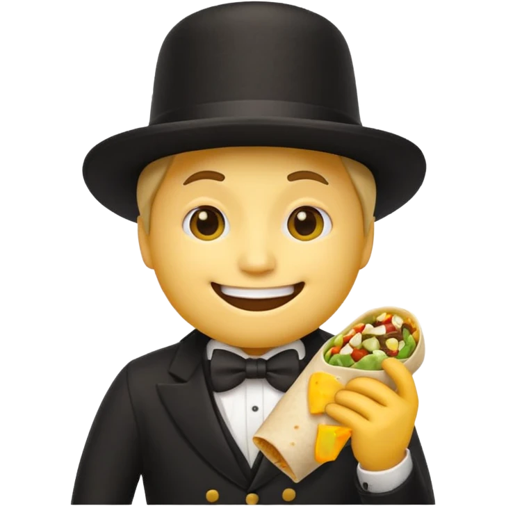 Generic classic yellow basic emoji face with a black top hat eating a burrito emoji