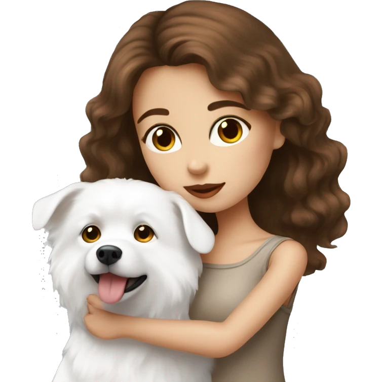 beautiful girl with brown hair kissing her white spitz dog emoji