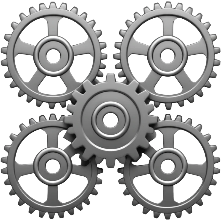 card back emoji style greyscale, mesmerizing abstract machine, interlocking gears rotating wheels synchronized pistons, cohesive working mechanism emoji