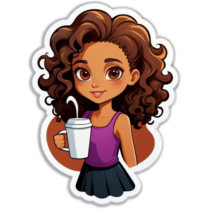 Girl with tan skin and curly hair drinking coffe  emoji