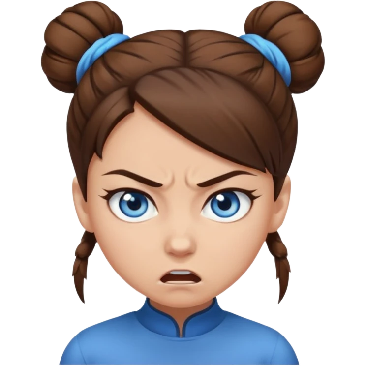 Girl with blue eyes, brown hair in a single bun, angry emoji