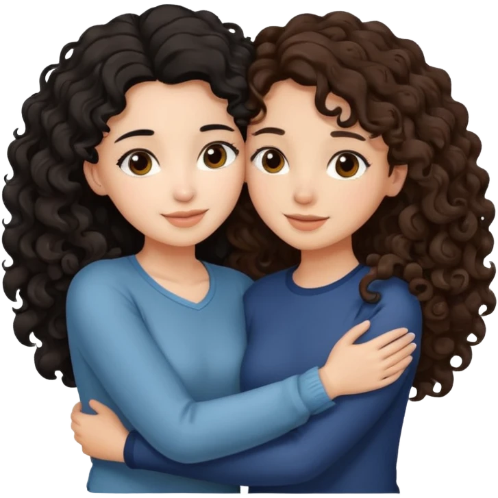duas meninas lindas uma de cabelo encaracolado e preto e a outra de cabelo castanho ondulado, a darem um abraço de amizade emoji