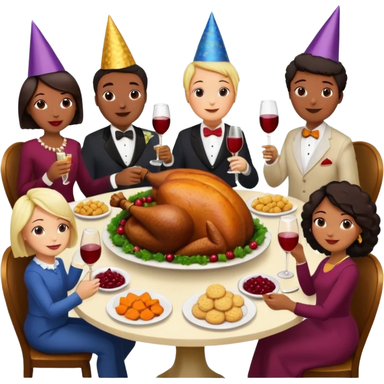 Thanksgiving Dinner with 6 friends of all different races around the table; have the food be a cooked turkey, mashed potatoes, corn, a basket of biscuits, a small bowl of cranberry sauce, baked yams, steamed vegetables, and a bottle of wine. emoji