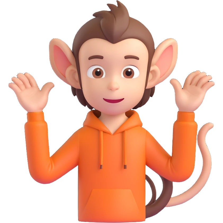 a cheerful boy with monkey tail and ears, showing stimming behavior like hand-flapping, gentle and inclusive vibe emoji