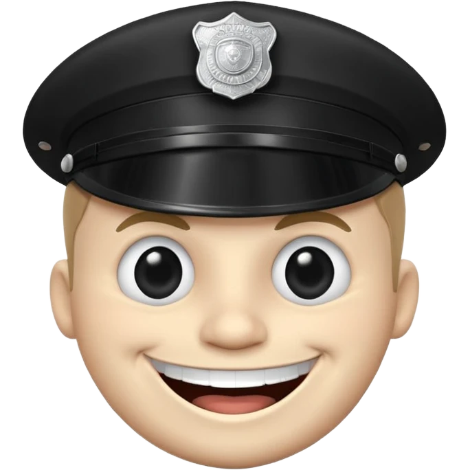 Black-and-white line drawing of a cartoon face with a round head, large round eyes, and a wide toothy grin showing a big happy smile. He is a police officer stopping you. Plain white background, simple and playful style. emoji