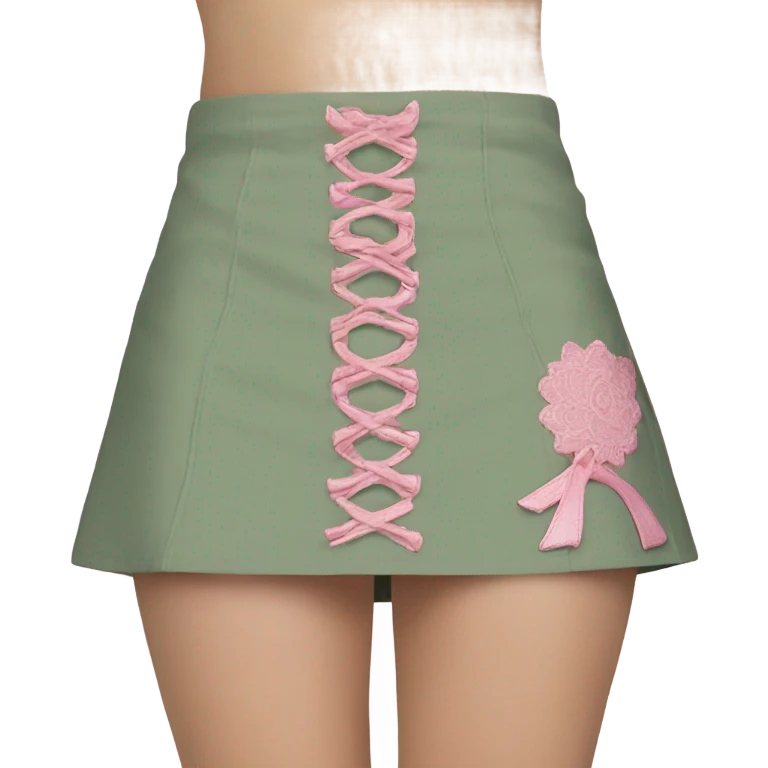 Sage green a-line mini skirt with pink lace up on the sides and bows and embroidery, isolated emoji