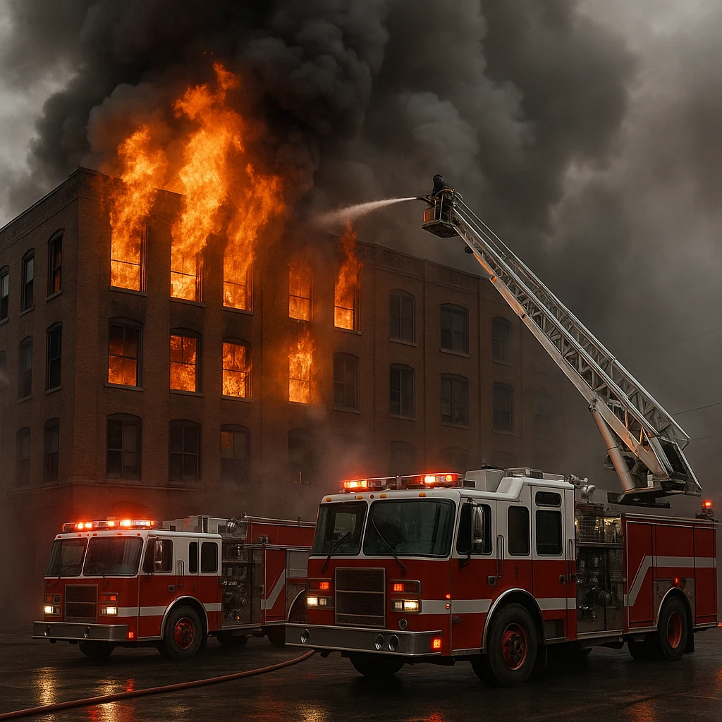 burning building with fire trucks and smoke in an emergency emoji