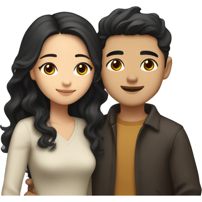 A half pale Asian man with short dark hair and amber eyes embracing and loving a half Asian woman with long wavy dark hair and dark hazel eyes. They love each other a lot And have good fashion taste. And are having a lot of fun emoji