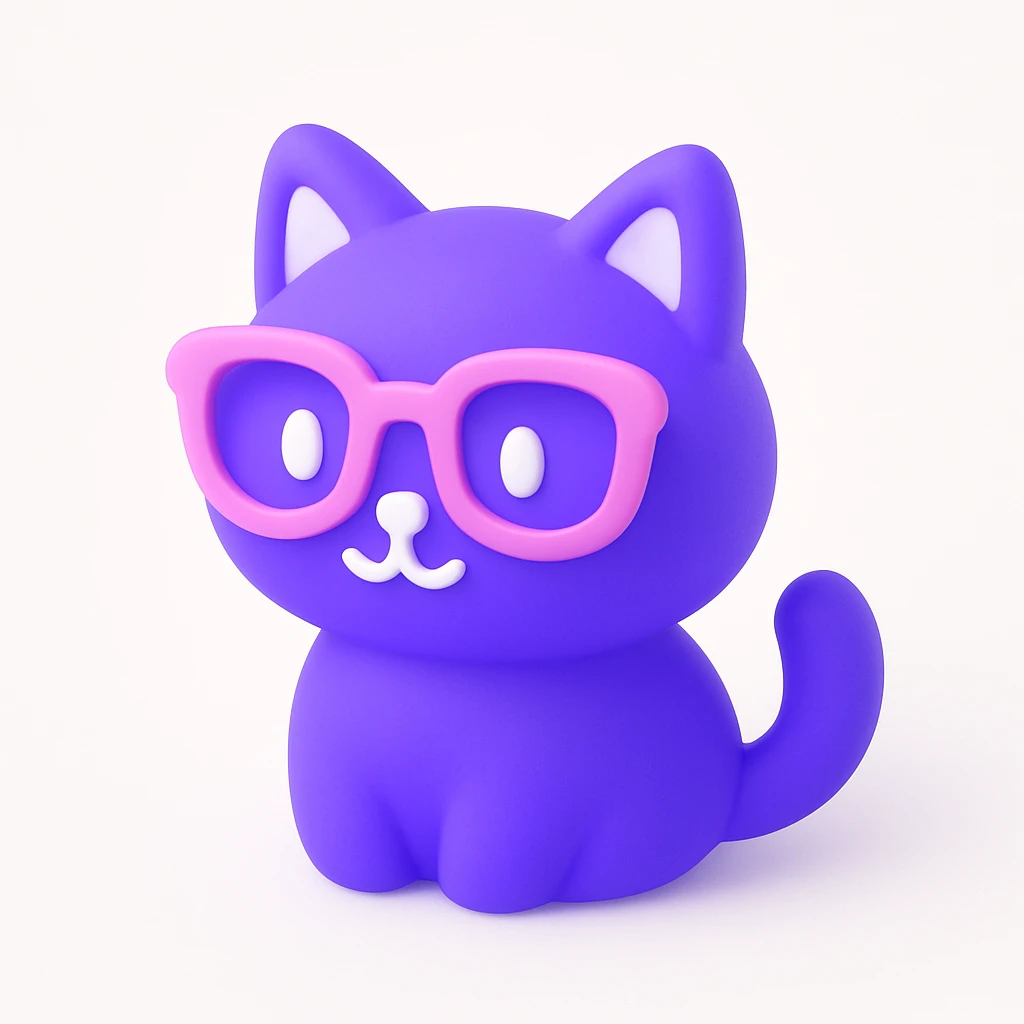 A cat with pink glasses in 3D IOS style, with a pink background, Cute, rounded 3D models with bright colors and playful designs. emoji