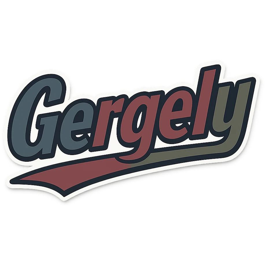 Text image of the name 'Gergely' in a masculine, modern font with gradient style, precise Hungarian characters, dark contour, prominent and clearly visible white border like the uploaded sample, dynamic slanted underline, masculine color shades including blue, gray, burgundy, green, and brown, 1000x1000 px, PNG, transparent background. emoji