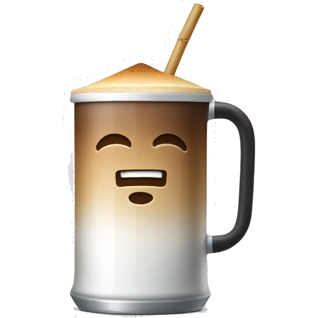Coffee in a beer glass can with a bamboo cap on top and straw through emoji