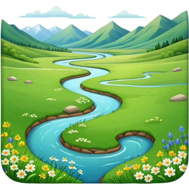 peaceful meadow with a winding river, no mountains emoji