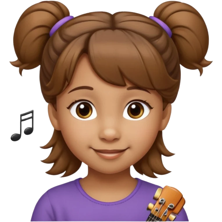 Niña de 4 años con ojos marrones claros, pelo castaño claro con dos moños altos y pelitos sueltos a modo de flequillo, nariz chata y risueña. Con nota musical emoji