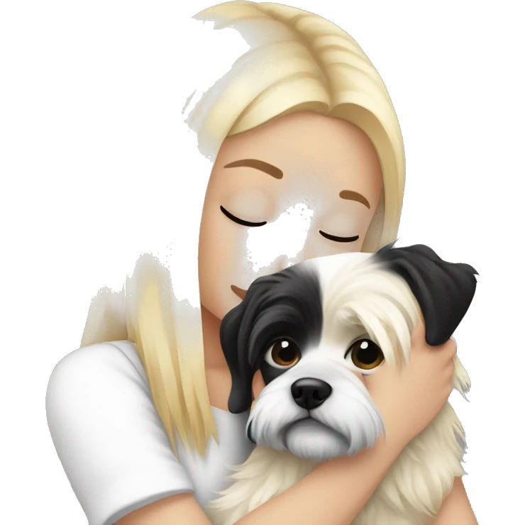 Blonde girl snuggling black and white shitzu emoji