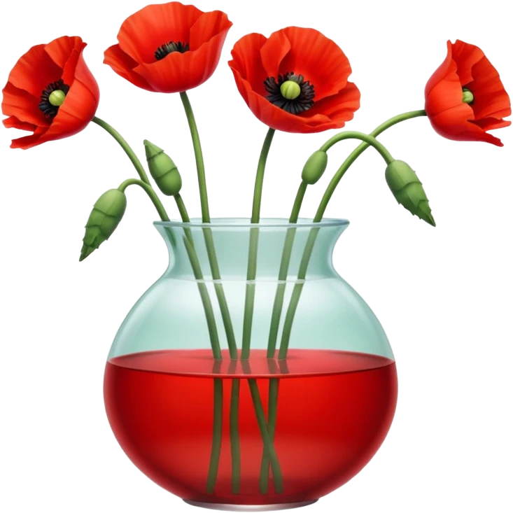 three big realistic poppy flowers in a clear vase with clear water emoji