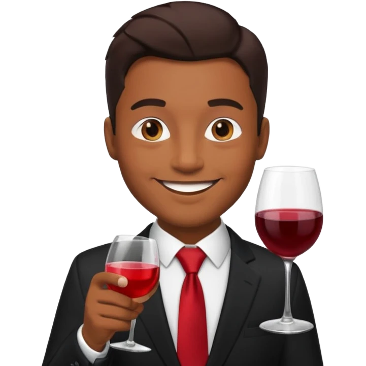 Man with black suit and red tie, brown skin, handsome, drinking wine with a happy face emoji