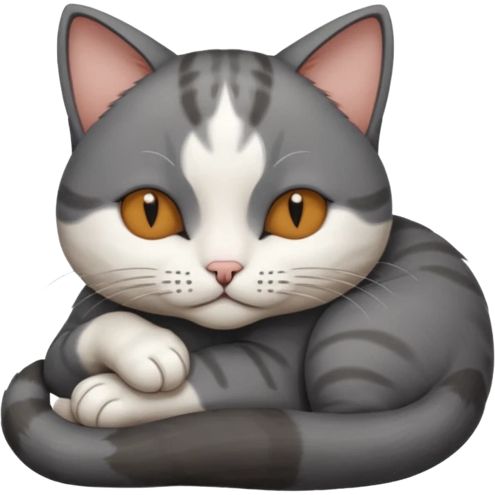 dark grey and white small cat with his eyes closed, leaning his head on his paw while leaning on his elbow lying down emoji