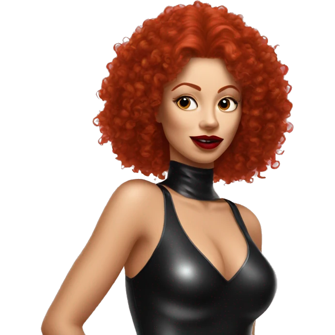 woman in redheads curly hairs wear latex catsuit and hold red lipstick emoji