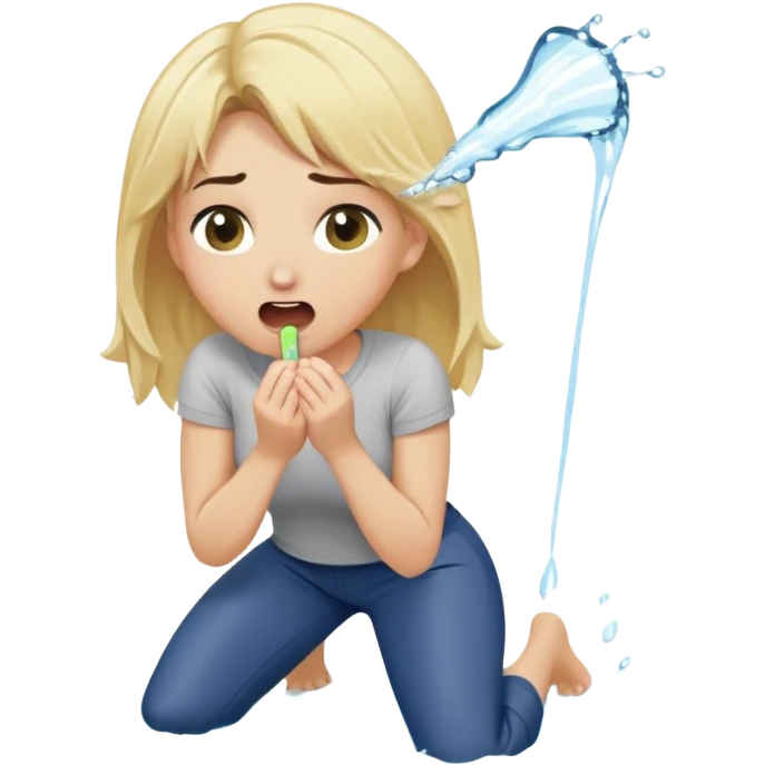 blond woman kneeling, surprised expression, a wide skin-colored stick with a D-shaped knob with skin texture coming out of a pair of pants hanging in front of her face, water stream squirting from the flat side of the knob into her open mouth emoji