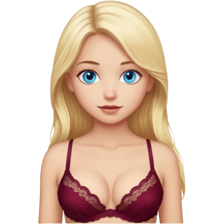 A beautiful blue-eyed girl, blonde with long hair, wearing a burgundy lace bra through which her breasts are visible emoji