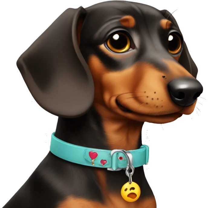 Dachshund wearing a collar with Nina written on it emoji