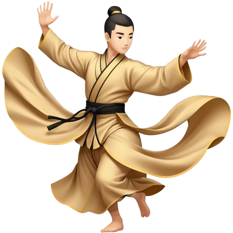 Emblem symbolizing Wushu martial arts. A graceful martial artist performs a dynamic kung fu pose, with flowing movements and a long, elegant robe. The background features stylized clouds and traditional Chinese symbols, representing fluidity, balance, and precision. Transparent background. emoji