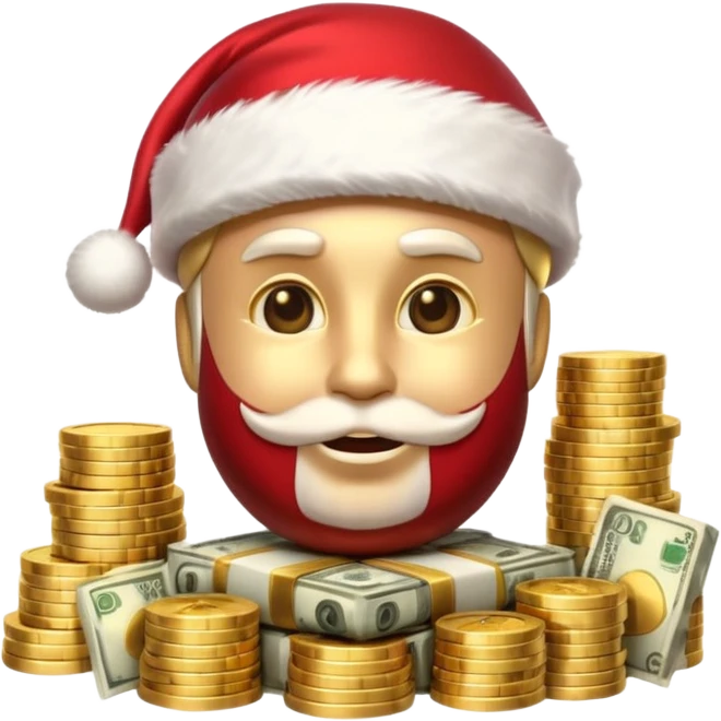 A confident rich emoji face wearing a Santa hat, money stacks, casino vibe, New Year theme, premium 3D emoji style, sharp details, no text, isolated on transparent background emoji