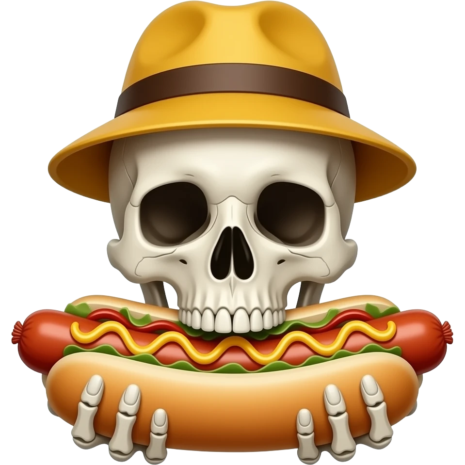 skeleton with face close up holding a hot dog in hands and wear yellow hat emoji