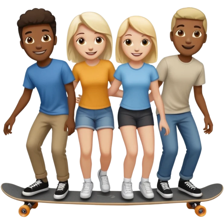 Four people (two black guys, one white guy, one white girl) on one long skateboard emoji