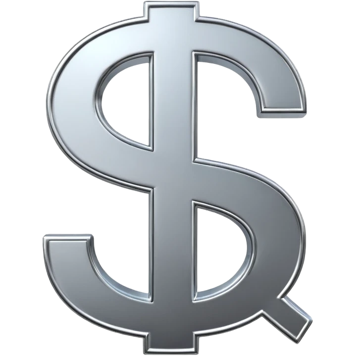 A double dollar sign emoji made of polished silver chrome, smooth metallic surface, glossy reflections, luxury swag vibe, minimal iOS emoji style, centered on white background emoji