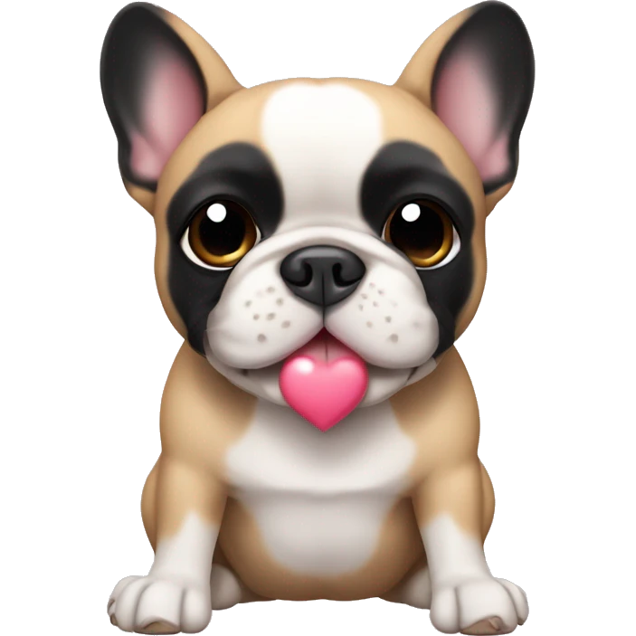 French bulldog with black body and ears and tan paws and belly with heart eyes emoji