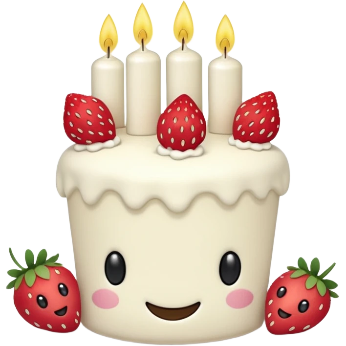 Jellycat vanilla cake with white frostting and strawberries on top with one candle with smiley face and legs emoji