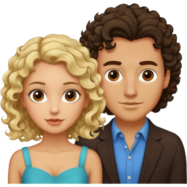 flirty couples. The man dark brown quiffed hair and the woman has shoulder length blond curls emoji