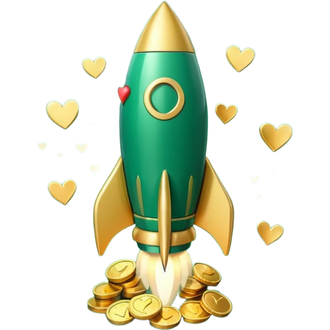 3D rocket with coins and hearts, deep green color (#0B3D2C), gold accents (#C9B037), cream highlights, glossy modern style, transparent background emoji