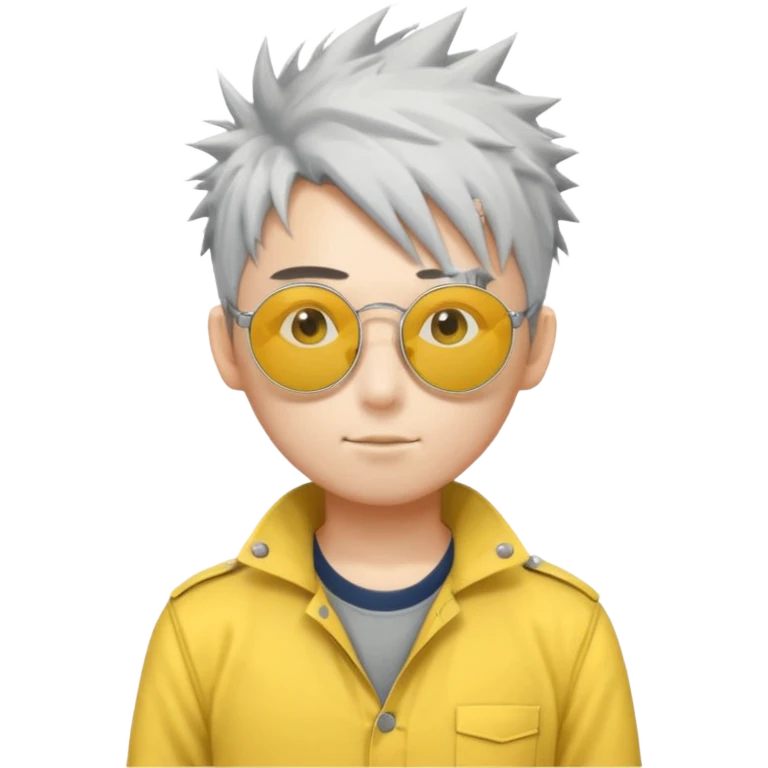 A japanese guy with white messy spiky hair circle sunglasses wearing a uniform gray and a yellow button on the top right of the uniform gray pants emoji