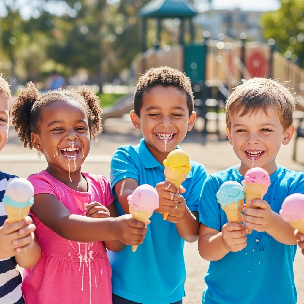 happy children with melting ice cream cones emoji