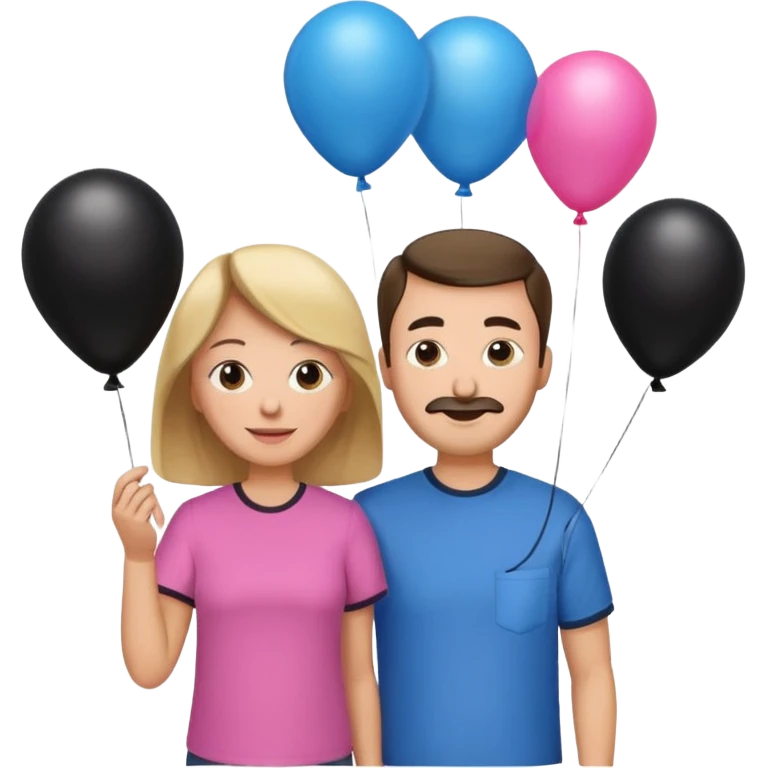 Mom in pink shirt dad in blue shirt holding black baloon happy 1 baloon emoji