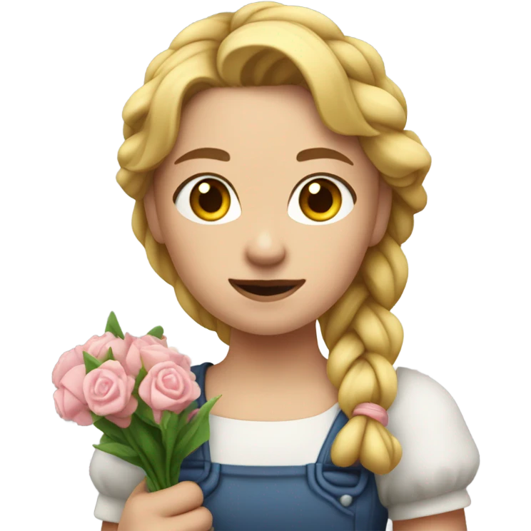 "A young woman with braided blond hair, fair skin, and a lively but slightly worried expression. She wears a simple dress, often holding flowers or a broom, with a rural house in the background." emoji