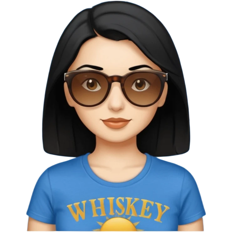 My Sexy wife with sunglasses, black hair, and awesomeness. She has some gray, she's super cute, and her sunglasses are on her head like she doesn't want to wear them. She has brown eyes and is just lovely. Her hair is longer, amd she is wearing a blur t-shirt that says "whiskey & sunshine". emoji