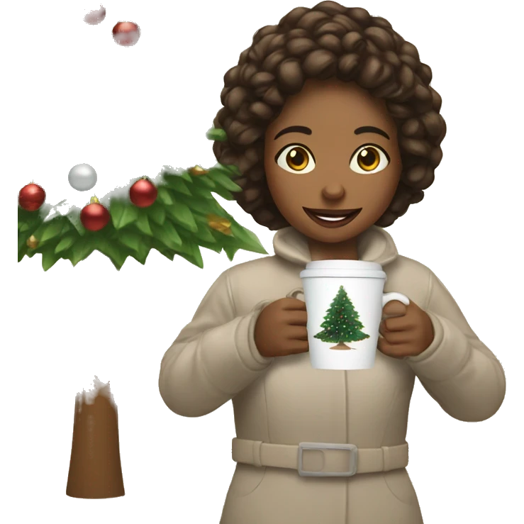 Girl with coffee and Christmas tree emoji