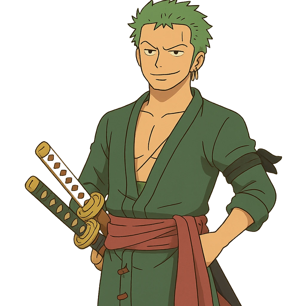 Zoro from One Piece, anime style, green hair, three swords, confident expression emoji