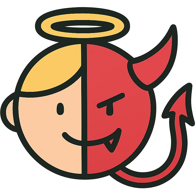 half animated face of an angel and half animated face of a devil, clean and simple, suitable for an icon emoji